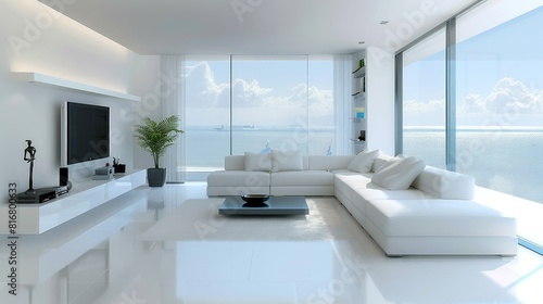 Modern luxury living room with a sea view   minimal yet elegant interior 