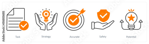A set of 5 Success icons as task, strategy, accurate