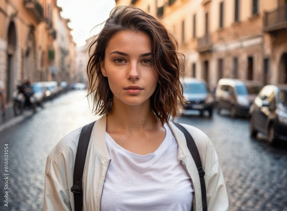 Portrait of a young girl with short hair on the street of the old town