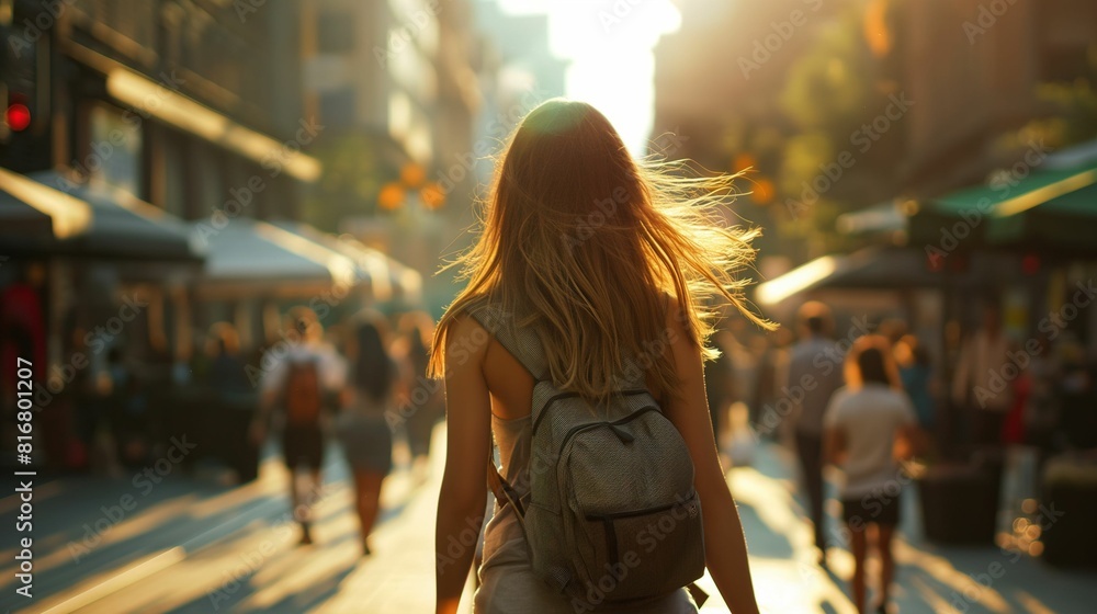 Young woman walking through a bustling urban street, back view.