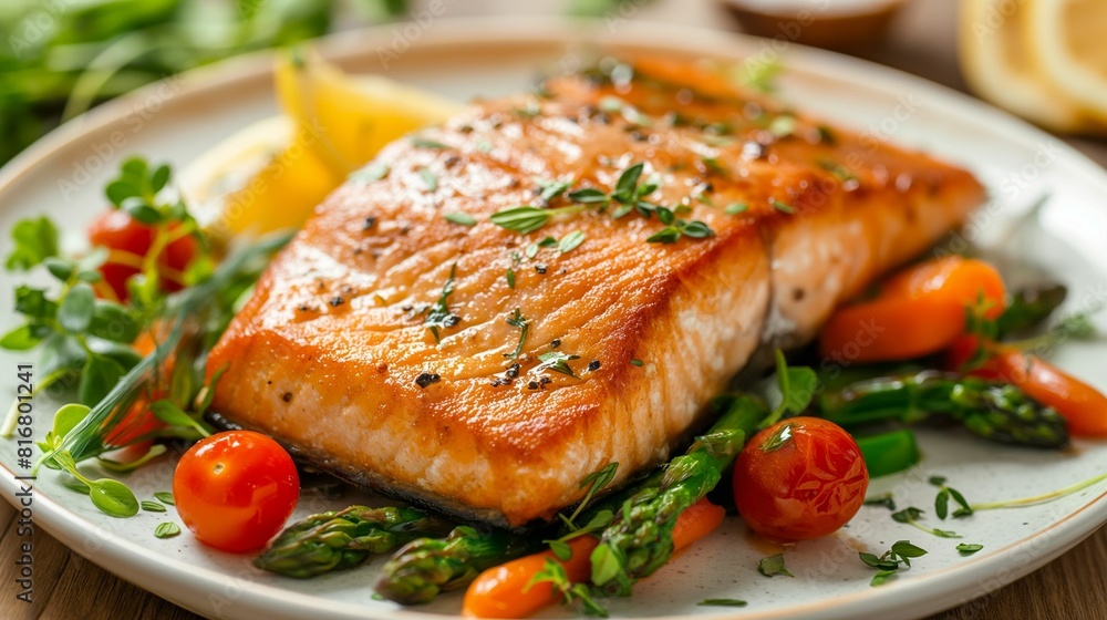 Grilled salmon fillet with fresh vegetables on a plate. Grilled salmon fillet with fresh vegetables on a plate.