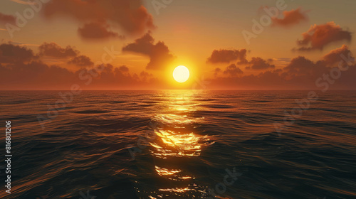 The sun shines in the middle of the sea