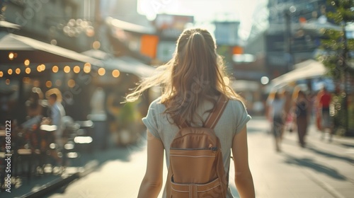 Young woman walking through a bustling urban street, back view.