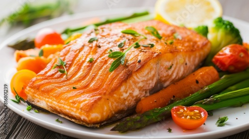 Grilled salmon fillet with fresh vegetables on a plate.