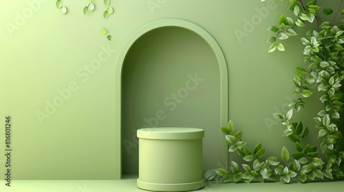 A green product podium with leaves behind a window in a wall. Realistic 3D modern illustration of a pastel plastic cylinder presented behind an archhole. photo