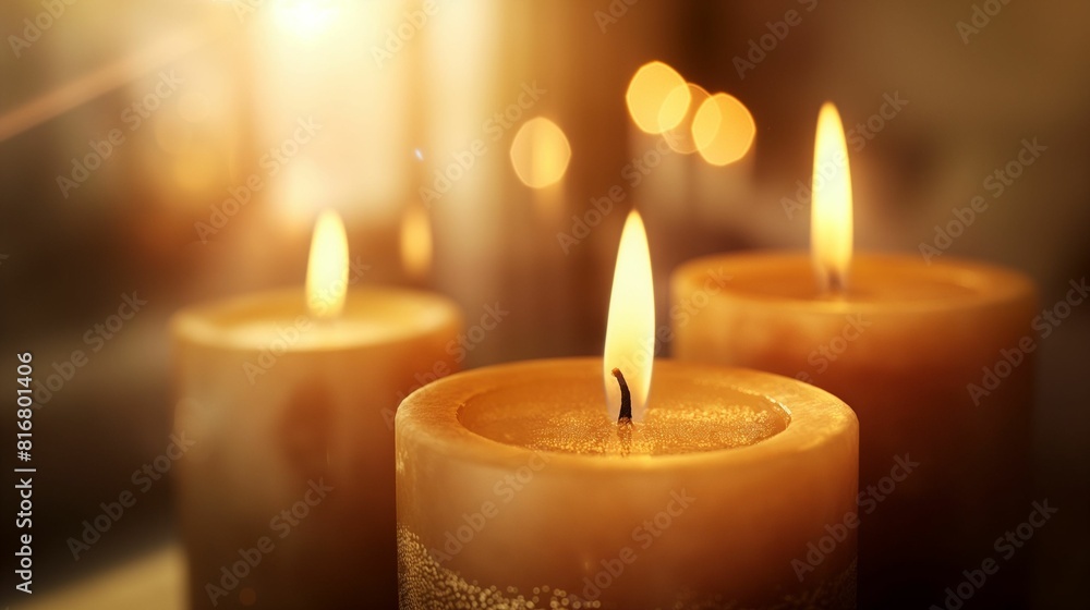 Warm glowing candles with soft bokeh lights. Warm glowing candles with soft bokeh lights.