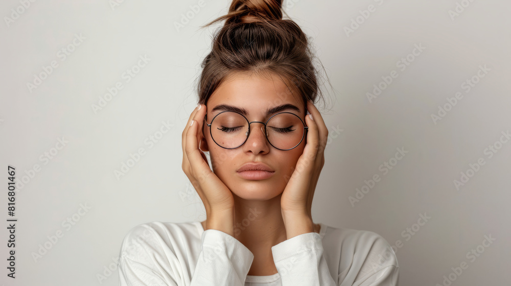 A Tired woman massages her eyelids, takes off her glasses, feels dizzy from working for a long time A Tired woman massages her eyelids, takes off her glasses, feels dizzy from working for a long time