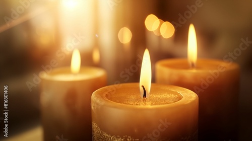 Warm glowing candles with soft bokeh lights.