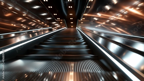 Close-up of illuminated escalator steps in a modern urban environment.