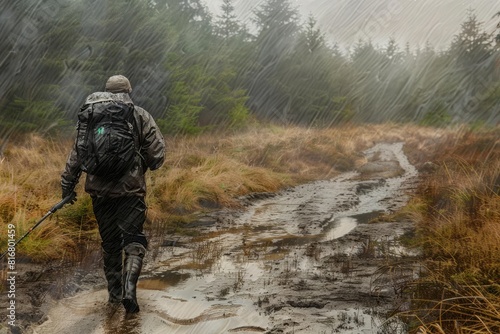 hiker in rain gear trekking through muddy terrain during drizzle outdoor adventure digital art photo