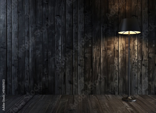 dark room wall with wood paneling, floor lamp on the right side of photo, wall is dark gray color, photo realistic