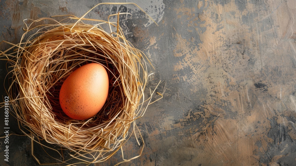 Chicken egg in straw nest flat lay photo with Easter concept and space for copying Chicken egg in straw nest flat lay photo with Easter concept and space for copying