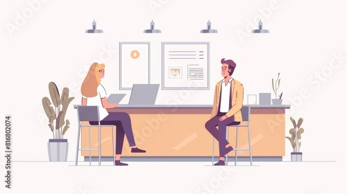 Interview with candidates by a human resources employee. Hiring, recruitment, negotiation, and introduction of future workers business concept, Linear flat modern illustration.