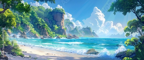 A Beautiful Beach With Waves Crashing Onto The Shore  Surrounded By Lush Greenery And Cliffs Under A Clear Blue Sky