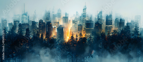 City growth ending nature, forests. City burning forests. Feeling terror of cities. Abstract futuristic skyline. Dystopia.  photo