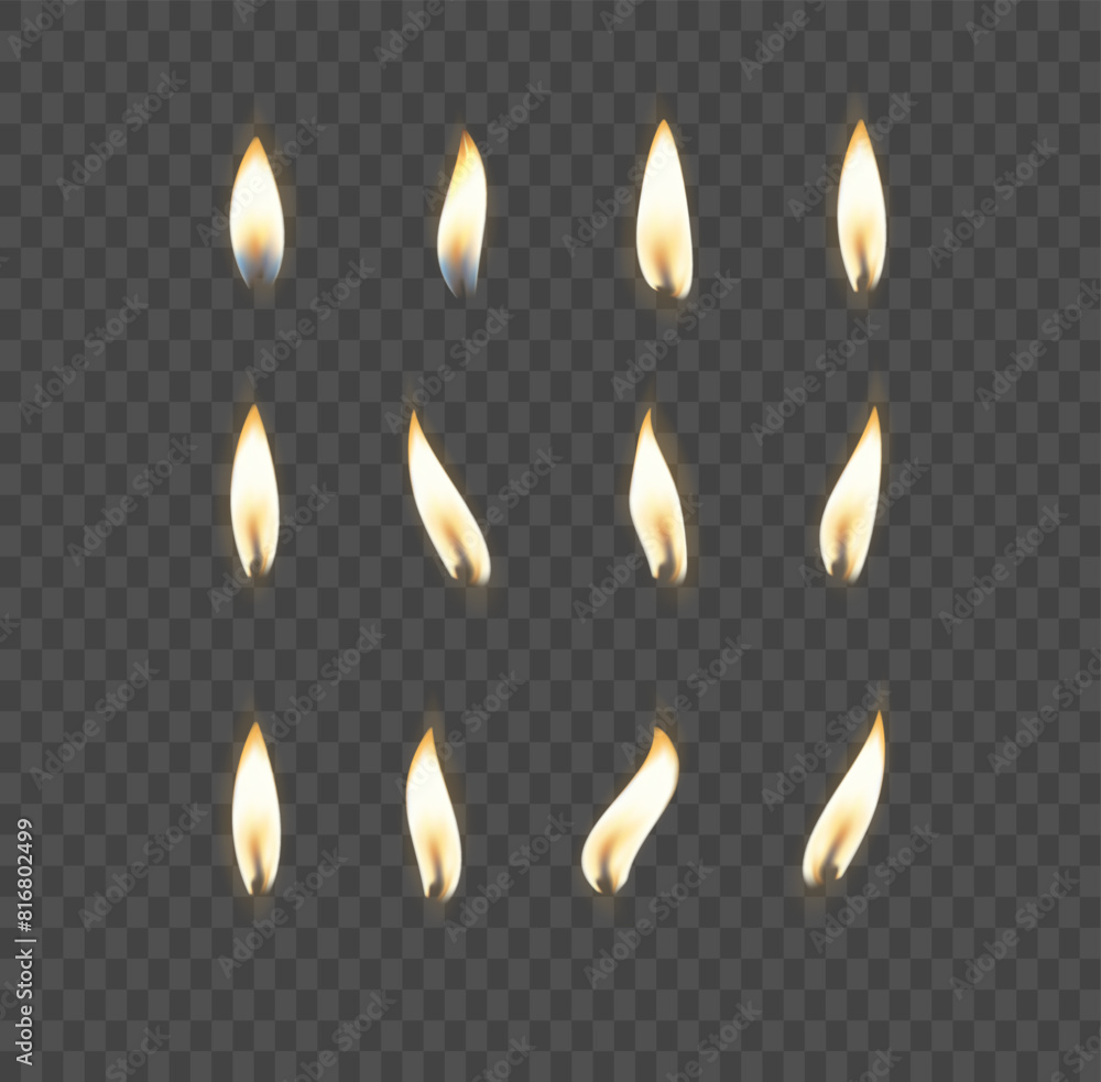 3d realistic white and paraffin or wax burning party candle and different flame of a candle icon set closeup isolated. Vector 3d realistic white and paraffin or wax burning party candle and different flame of a candle icon set closeup isolated. Vector