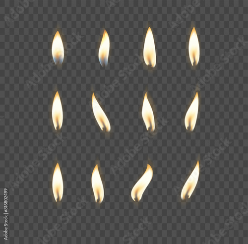 3d realistic white and paraffin or wax burning party candle and different flame of a candle icon set closeup isolated. Vector