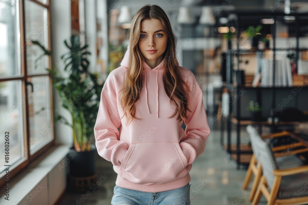 Young woman wearing blank basic pink plain hoodie standing in modern office. Mock up template for hoodie design Young woman wearing blank basic pink plain hoodie standing in modern office. Mock up template for hoodie design