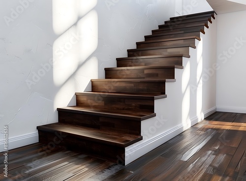 Dark wood staircase in a luxury home with white walls and dark hardwood floors stock photo  high quality