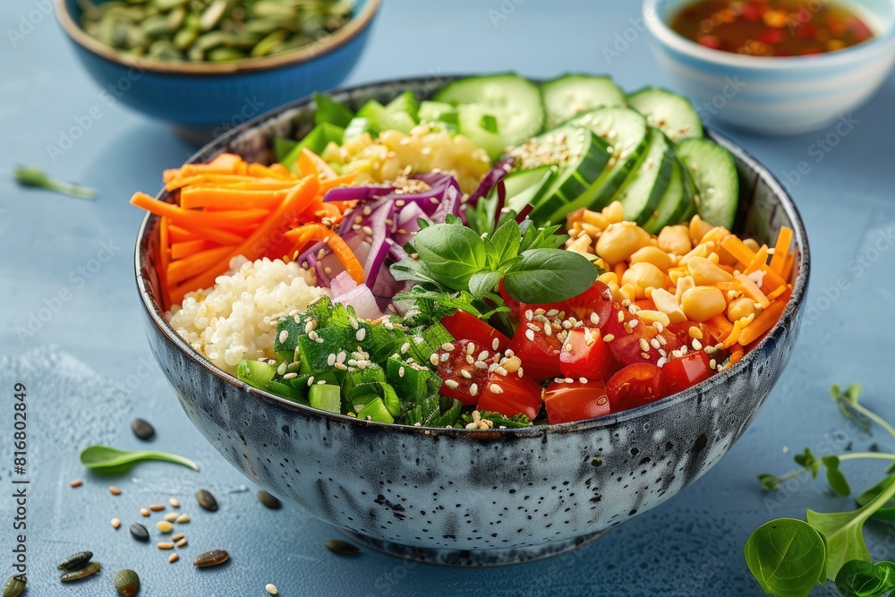 Vegan Buddha or poke bowl salad with buckwheat, vegetables and seeds on blue background