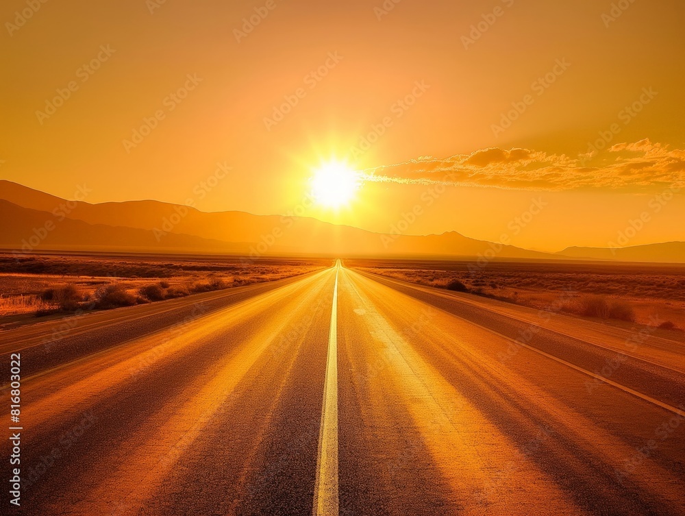 A long, empty road stretches into the horizon under a vibrant sunset, casting golden hues over the desert landscape. The image evokes a sense of journey, adventure, and tranquility