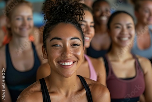 joyful diverse women smiling at camera after yoga class happy multiethnic female athletes portrait © furyon