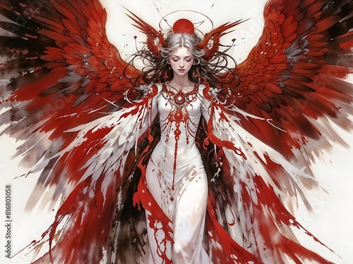 Digital illustration of  goddess with red wings and a white dress