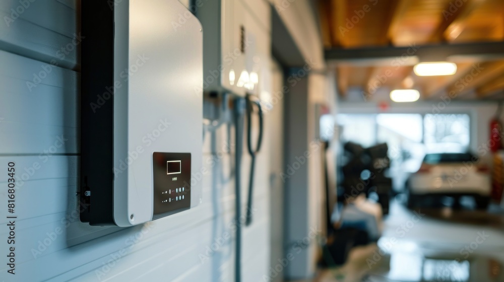 Concept of a home battery packs alternative electric energy storage system at modern home garage wall as backup or sustainable energy concepts. Concept of a home battery packs alternative electric energy storage system at modern home garage wall as backup or sustainable energy concepts.