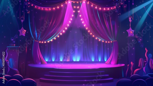 Stage backdrop for a circus show night arena with curtains. Theater podium for dancing competition television program backdrops. Music performance platform with garland and neon lights. Drapery on photo
