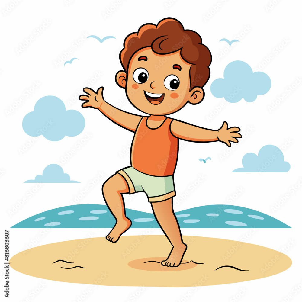 toddler age 1 to 4 dancing at the beach for coloring book page. hands and nose are lifelike with white background