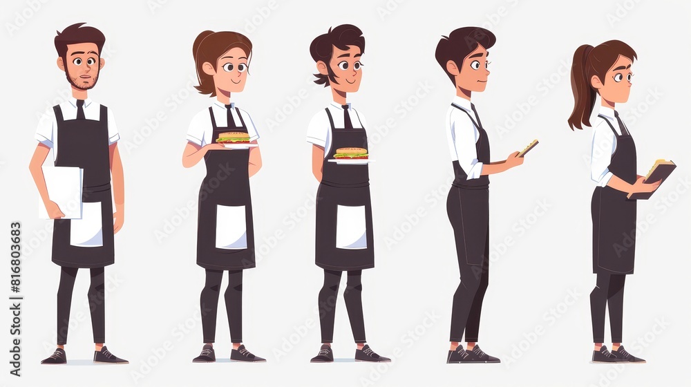 The cartoon character of a restaurant waiter holding a sandwich on a plate and a notepad. Man and woman employee teams in uniform isolated on a white background. The cartoon character of a restaurant waiter holding a sandwich on a plate and a notepad. Man and woman employee teams in uniform isolated on a white background.