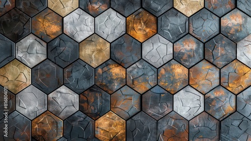 A wall made of hexagonal tiles with a mix of colors  including gold and brown