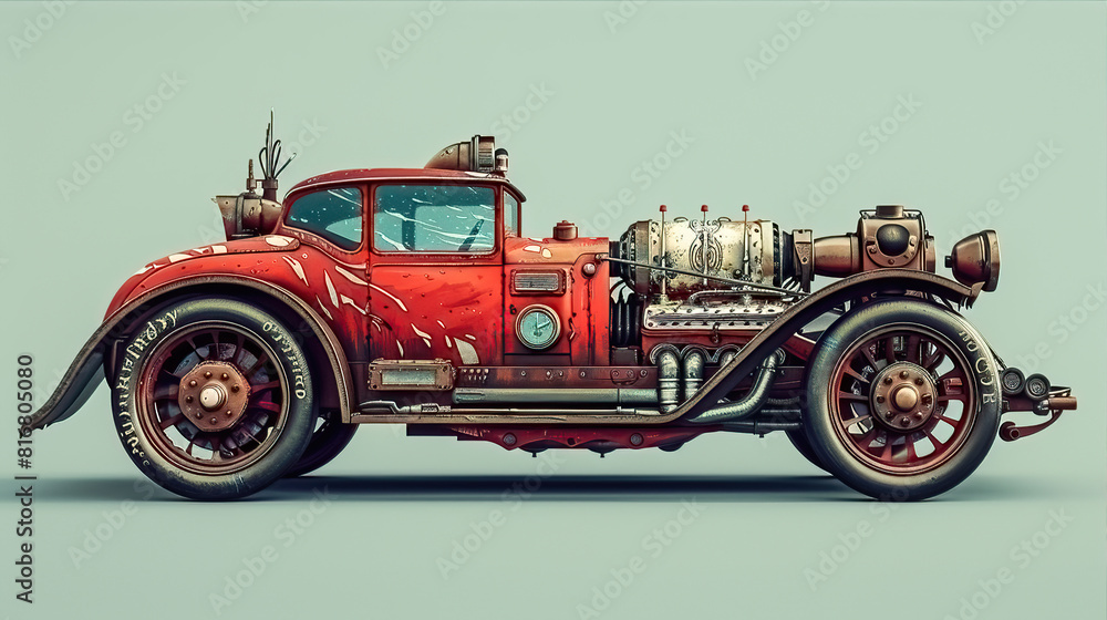 old carriage cart, generative, ai, steampunk, retro, vintage, background, products, machine, mechanical, red, car, auto, vehicle, automobile, antique, classic, transportation, cartoon, animated