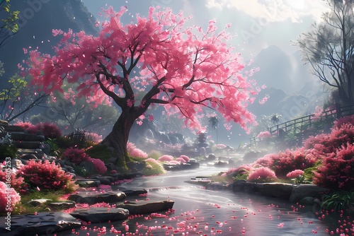 Tranquil Cherry Blossom Stream