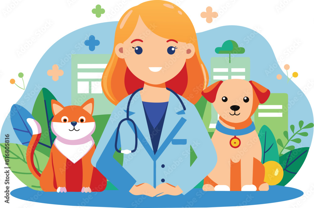 Flat illustration of a female professional veterinarian, vector illustration. Flat illustration of a female professional veterinarian, vector illustration.