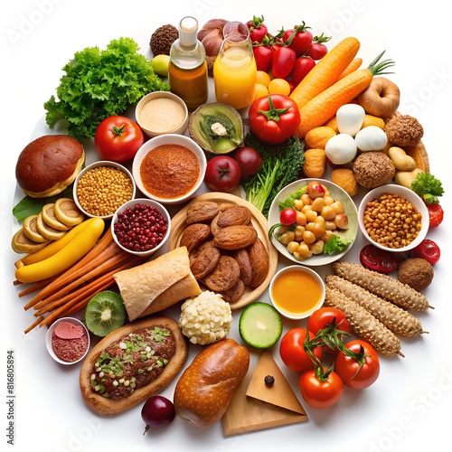 A large round arrangement of various types of food is displayed, including fruits and vegetables as well as breads, snacks, and drinks. The top view photo has a white background with high resolution.