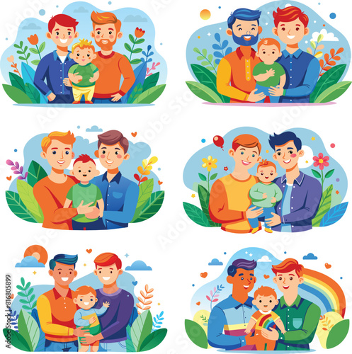 Set flat illustration of a gay couple with son, vector illustration.