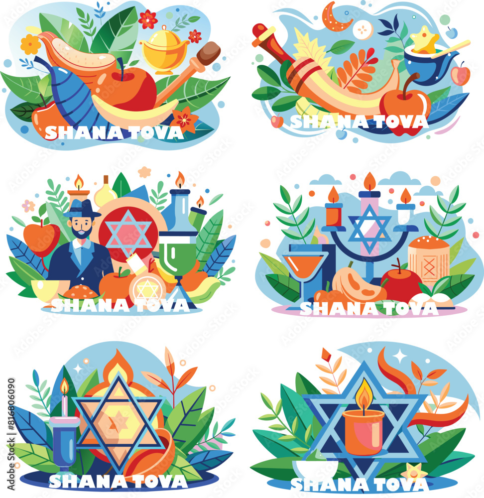 Set flat illustration of a jewish new year, vector illustration. Set flat illustration of a jewish new year, vector illustration.