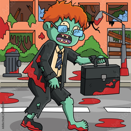Zombie Office Worker Colored Cartoon Illustration