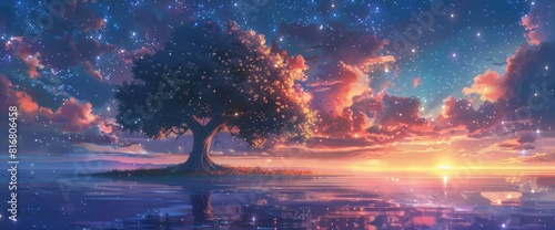 A Beautiful Tree On The Edge Of An Island  Under Which There Is Water And Sky With Stars  Sunset In The Style Of Anime 