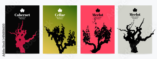 silhouettes of vineyard vines, with vine shoots and leaves. Label, cover or banner template. Vector illustration.