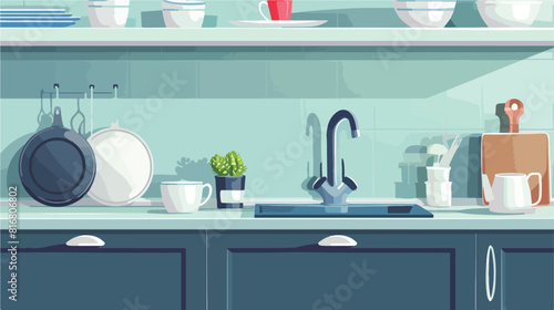 Stylish counter with sink in kitchen Vector illustration © Ayyan