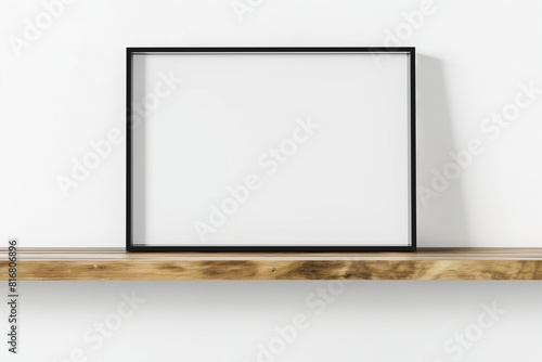 photo frame on wall, Elevate your interior design presentations with a sleek modern mockup frame tastefully positioned on a kitchen wooden shelf against a clean white wall background photo