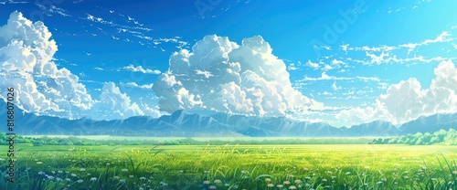 A Breathtaking Anime Landscape Featuring An Expansive Meadow Under The Vast Blue Sky With Fluffy White Clouds 