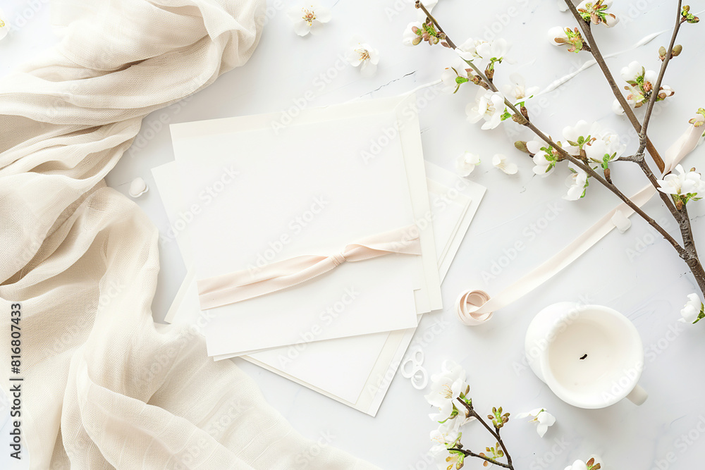 A top view of exquisite stationery against a pure white backdrop.