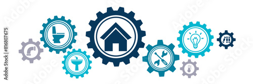 Facility management vector illustration. Concept with icons related to commercial / office or residential property caretaker service, building management & maintenance, handyman / repairman photo