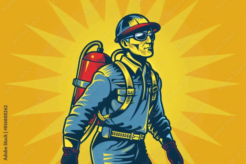 A man carrying a fire extinguisher on his back. Suitable for fire safety concepts A man carrying a fire extinguisher on his back. Suitable for fire safety concepts