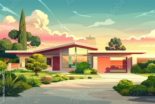 A charming cartoon house with a driveway surrounded by trees. Perfect for real estate or family-themed designs