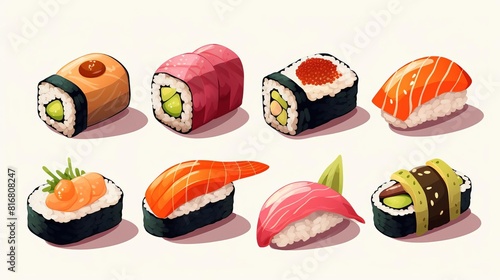 Compact sushi set flat design side view culinary art theme cartoon drawing Vivid
