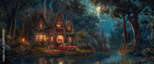 A Cartoon House In The Woods With Lights On, A Red Car Parked Outside At Night, In The Style Of Anime, Beautiful, Colorful, Detailed, Moonlight Shining Through The Trees © AnimeBG
